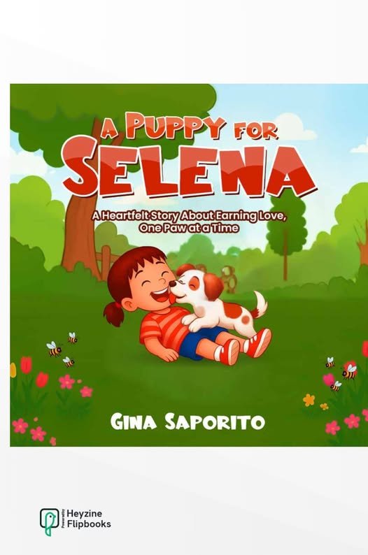 Cover of A Puppy for Selena: a smiling girl in a red striped shirt being licked on the cheek by a brown and white puppy in a sunny park.