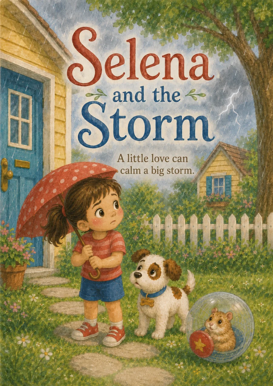 Cover of Selena and the Storm: Selena holding a red polka-dot umbrella in the rain beside her puppy Buttons and Sunny the hamster in a clear ball.