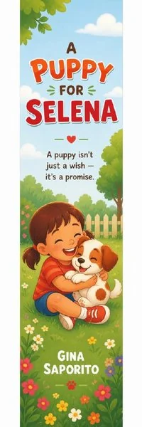 Preview of a printable bookmark featuring Selena hugging her puppy, with the line 'A puppy isn't just a wish &mdash; it's a promise.'